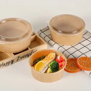 Copo de papel redondo quadrado descartável kraft aquecível à prova d'água com logotipo personalizado para papel e salada com tampa PE - Product Image 2