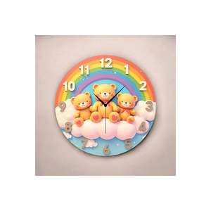 Horloge murale silencieuse en bois TR à piles, motif ours en peluche coloré imprimé et numéroté, design classique 45x45cm pour enfants - Product Image 3