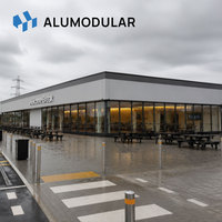 Bâtiment modulaire pour aire de repos routière, structure en acier, revêtement en aluminium, aménagement personnalisé, clé en main, assemblage rapide, infrastructure