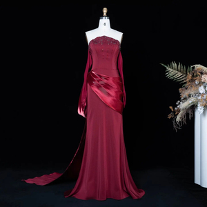 Robe de soirée sirène en satin bordeaux de luxe Jancember LSZ608 avec surjupe - Product Image 2