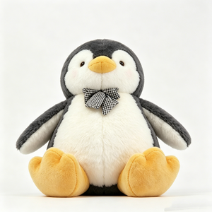 Pingüino de Peluche Personalizado - Peluche Suave y Esponjoso con Lazo a Cuadros, Lindo Juguete Gris y Blanco para Niños y Guardería - Product Image 1