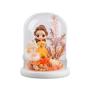 BLH Sell well new type preserved rose with princess cartoon rose in glass dome rapunzel elsa doll gift for children Best gift for Valentine's day