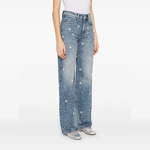 Mid Waisted <strong>Women's</strong> Straight Jeans Loose Fit with Beading Classic Wash Breathable Streetwear Casual Denim Pants - Product Image 2
