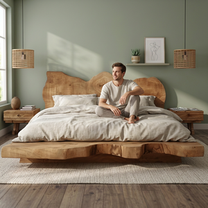 Cama de Plataforma de Madera Maciza Europea de Lujo Escandinavo, Tallada a Mano, Tamaño King, Acabado Natural, Muebles de Dormitorio - Product Image 2