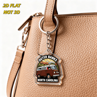 Porte-clés en acrylique Outer Banks NC, breloque rétro avec scène de van et de montagne pour clés ou sacs, accessoire souvenir de voyage durable double face