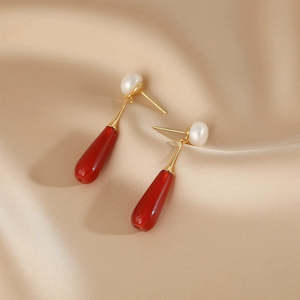 Pendientes de Perlas Naturales 1617 para Mujer, Pendientes Largos de Ágata Roja - Product Image 4