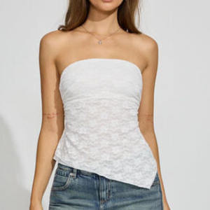 Top de tubo asimétrico a rayas para mujer, Top corto de punto transpirable con logotipo frontal, estilo sin <span class=keywords><strong>tirantes</strong></span> - Product Image 4