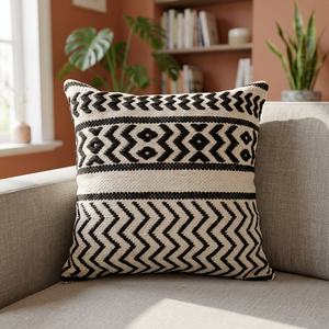 Housse de coussin géométrique en coton tissé à la main avec motif tribal noir et blanc |   Coussin décoratif bohème pour canapé - Product Image 1