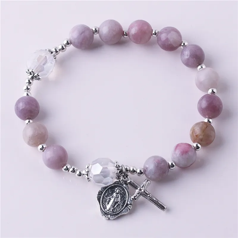 Women Religious Jewelry Item Purple Stone Beads Decade Catholic Rosary Virgin Mary Medal Cross Pendant Bracelet Natural 8mm Ball