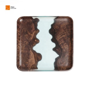 Bandeja de Servicio de Madera de Olivo Maciza con Resina Azul, Antideslizante, Cuadrada o Redonda, Personalizada para Cocina, Hogar o Restaurante, para Té, Café o Aperitivos - Product Image 1