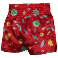 Shorts de boxe personnalisés OEM en satin à imprimé floral rouge pour femmes, durables et respirants pour l'entraînement