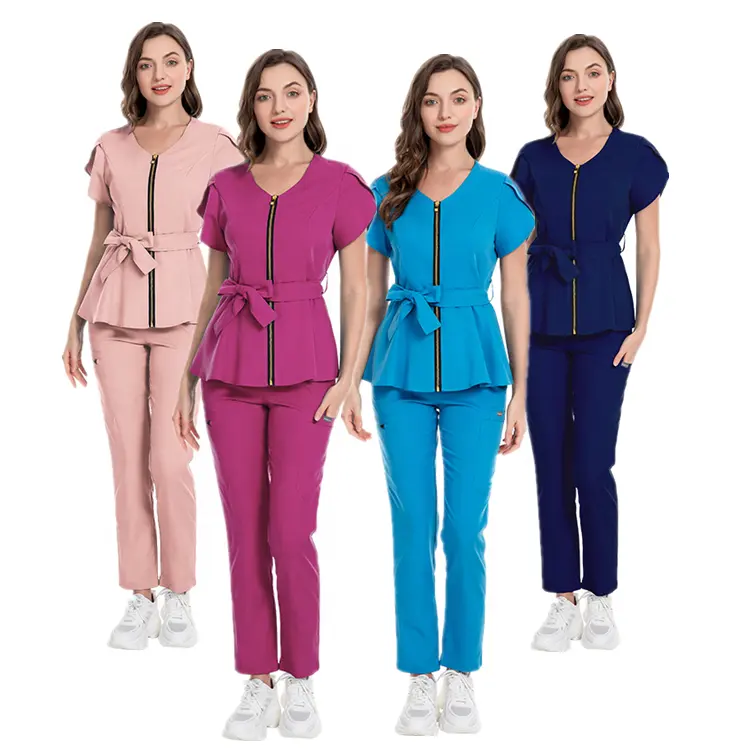 Conjunto de pantalón y uniforme médico para mujer, con logo personalizado de fabricante de equipo de enfermería, con cremallera, para hospital