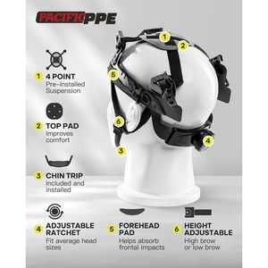 Casque de sécurité PACIFIC PPE à visière intégrale, blanc, type V, suspension à 4 points à cliquet, certifié OSHA, ANSI Z89, pour la construction - Product Image 4