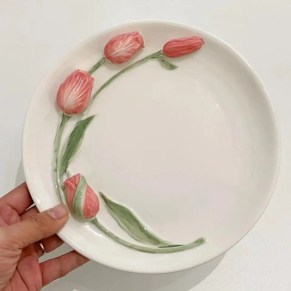 Bán Buôn Hàn Quốc Phong Cách Cô Gái Trái Tim 3D Cứu Trợ Tulip Tấm Gốm Bánh Món Tráng Miệng Món Ăn Ưa Thích Thiết Kế Hoa Tấm