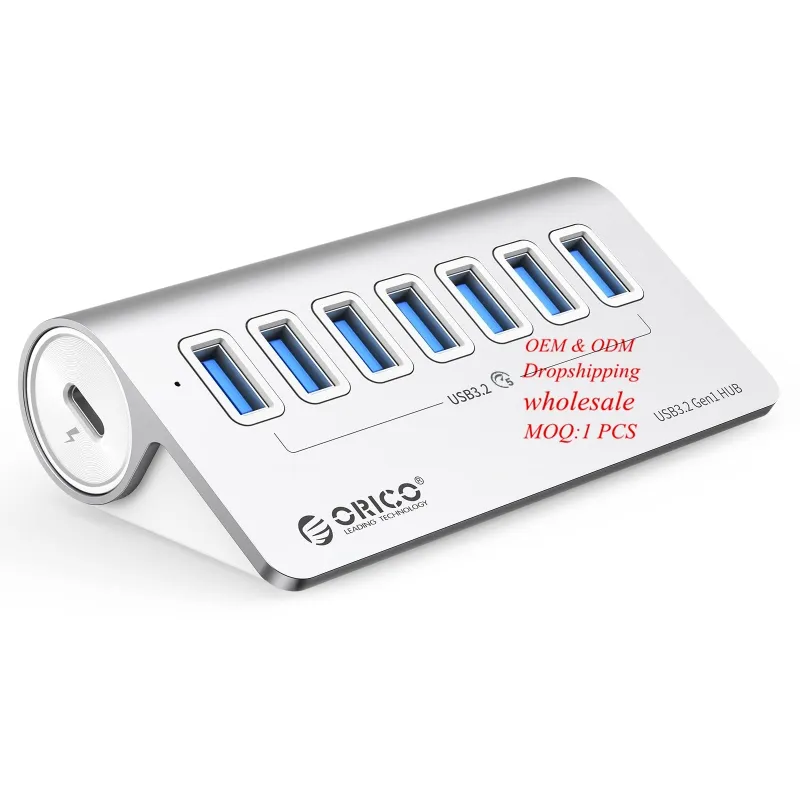 ORICO-HUB de aleación de aluminio con 7 puertos USB 3,2 Gen1, HUB DE 5Gbps con Cable de 1m, carga rápida de 18W para ordenador y teléfono móvil