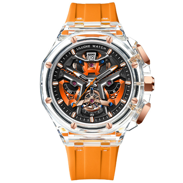 3D Skeleton Luminous Waterproof Stainless Steel Quartz Watch Unisex Silicone Band Pointer Dial Fashion Business Date