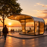 Abri de bus intelligent entièrement vitré et incurvé avec éclairage d'ambiance LED chaud, station d'attente de bus moderne en forme de capsule ronde