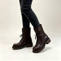Sepatu Wanita Kulit Sapi Lembut Cokelat Vintage Model Retro Combat dengan Tali, Gesper Logam, Ritsleting Samping, Hak Tebal, Musim Gugur Musim Dingin, MOQ Rendah