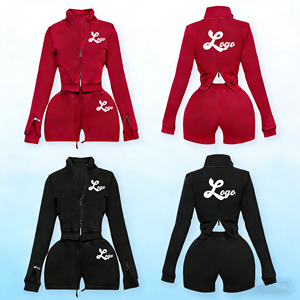 Nuovo Set Trendy da Donna <span class=keywords><strong>con</strong></span> Giacca Corta <span class=keywords><strong>con</strong></span> Zip e Colletto Alto, Logo Personalizzabile, Completo Due Pezzi <span class=keywords><strong>con</strong></span> Felpa Corta e Pantaloncini - Product Image 2