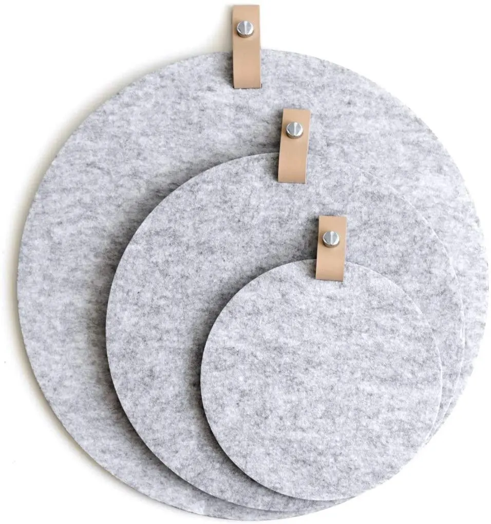 3 Pack Light Grey Round Felt Pin Board with Leather Hanging Straps