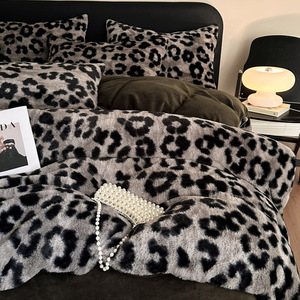 Leopard Print Rabbit Fleece <b>Bedding</b> <b>Set</b> Four Piece Winter Warm Double Sided Flannel Coral Fleece Duvet Cover Sheet <b>Set</b> - Product Image 2