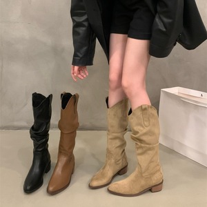 Chaussures pour femme en cuir véritable de haute qualité, bout rond, plateforme épaisse, talons épais, bottes mi-mollet - Product Image 5