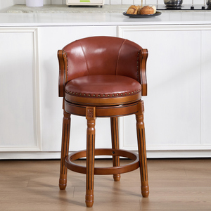 Modern Genuine Leather Wooden <b>Bar</b> <b>Stools</b> with Backrest for Home Kitchen Dining Room Cafe-<b>Bar</b> Height - Product Image 1
