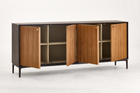 Buffet moderne Japandi en chêne massif et bois d'orme, grand meuble de rangement cannelé bicolore noir pour salon