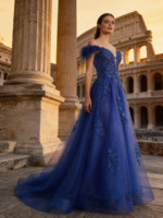 Factory Direct Royal Blue Off Shoulder Feather Evening <strong>Dress</strong> 3D Floral Rhinestone Tulle <strong>a</strong> <strong>Line</strong> Formal Prom <strong>Wedding</strong> Pageant Gown