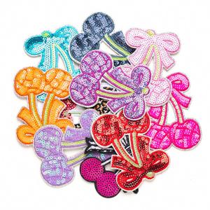 Factory Sale Kawaii Colorful Sequin Embroidery Iron on Cherry <b>Bow</b> Patch for Tshirt Bag Hat Decoration - Product Image 2