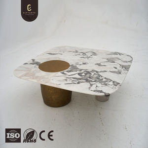 Meja Kopi Marmer Alami Mewah Kelas Atas Gaya Mewah untuk Kondominium Modern Elegan Putih Persegi Rendah dengan Kaki Kuningan - Product Image 3