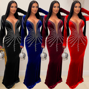 <span class=keywords><strong>Robe</strong></span> de <span class=keywords><strong>soirée</strong></span> pour <span class=keywords><strong>femme</strong></span> C6827, manches longues, couleur unie, sexy, en tissu de mousseline orné de strass, fabriquée en cachemire - Product Image 2
