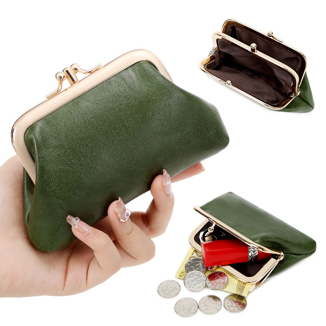 Retro double-layer clip on coin wallet, Women's mini PU leather coin storage bag, Fashionable solid color small wallet