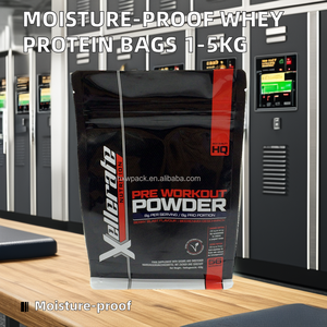 שקיות אריזה מפלסטיק עמידות בפני לחות עם תחתית שטוחה להדפסה בהתאמה אישית, לאריזת אבקת חלבון מי גבינה, מזון, תוספי סוכר וחלבון, במשקל 1 ק\\\"ג ו-5 ק\\\"ג. - Product Image 5