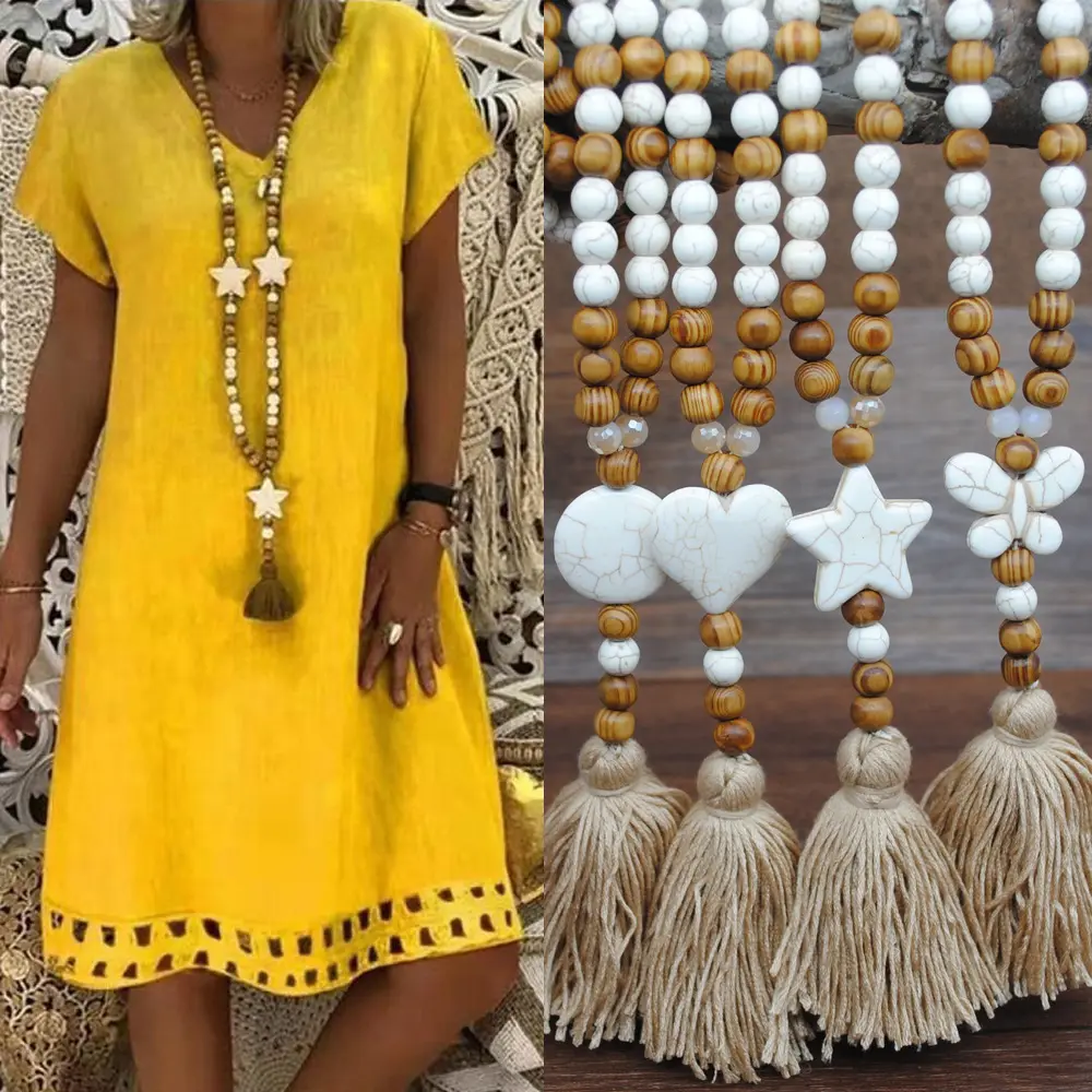 Vintage Yoga Mala Wood Beads Statement Bohemian Tassel Necklace Boho Star Heart Butterfly Long Chain Necklaces For Women
