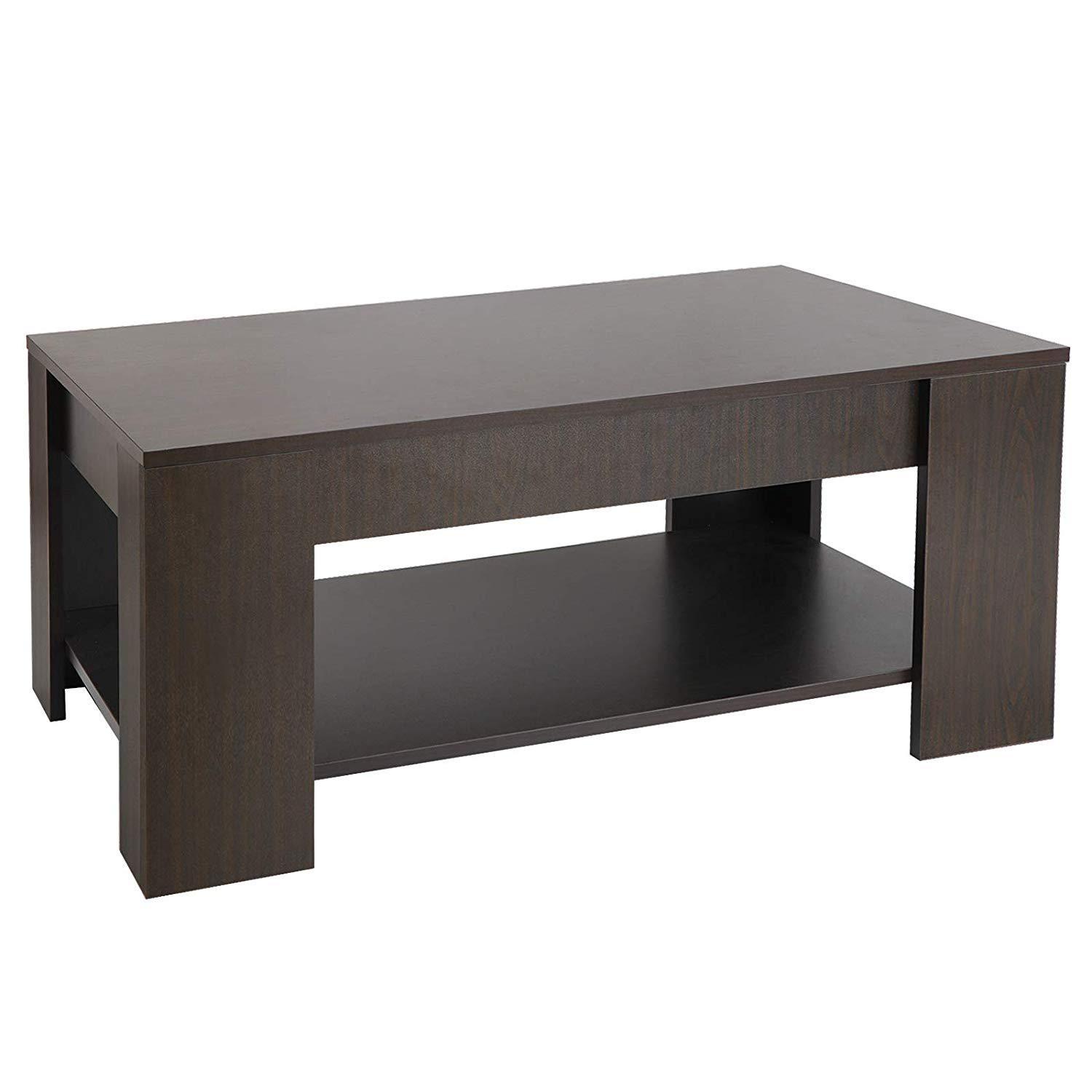Bois Relevable Table Basse Avec Rangement Caché et Étagère