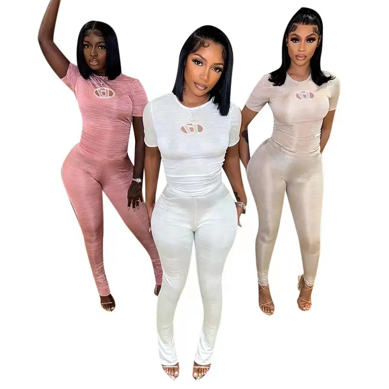 ZHEZHE Summer 2023 embroidery letter crew neck women's t shirts and stacked pants sports suits ladies 2 piece set active wear