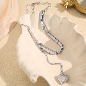 Collier avec pendentif en forme de cœur carré en argent, chaîne cubaine en acier inoxydable, bijoux à la mode pour femmes et hommes, Style Hip Hop XL361 - Product Image 2