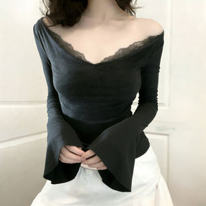 Blusa Corta de Mujer con Cuello en V de Encaje, Manga Larga Acampanada, Ajustada, Elegante, de Punto Elástico para Uso Diario Informal, Nuevo Estilo 2026 - Product Image 2