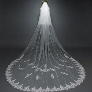 Mode Stijl 2 Layer Kant Trim Lovertjes Party Sluier Luxe Lange Wedding Veils Bridal