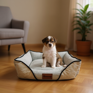Set di Tre Pezzi per Cuccia per Animali Domestici in Velluto con Motivo a Coccodrillo e Cristalli, Super Morbido, Quadrato, Beige - Product Image 3