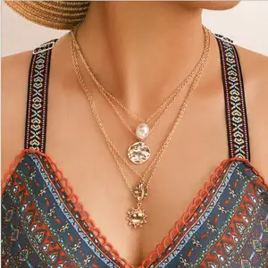 2019 New Fashion Gold Multilayer Chains long pearl Pearl Necklaces Alloy geometry round Crystal Pendants Necklaces For Women