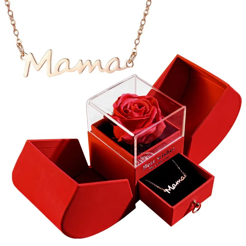 2023 Mother's Day Gift Hot Sale Eternal Rose Flowers Box with Gold Silver Jewelry Necklaces Gift for Mom and Women