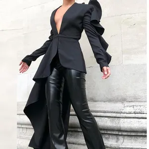 Woven solid black v-neck Asymmetrical Ruffle Sleeve Statement Top Blouse pullon type shirt prom wedding party cocktail evening