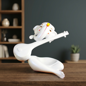 Statue artisanale moderne en résine blanche de Ganesha jouant de la guitare |   Pièce décorative contemporaine du dieu Ganesha pour la maison et le bureau - Product Image 1