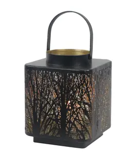 Reusable square black hollow cheap vintage design metal table candle holder lantern