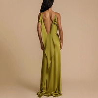 Damen Olivgrünes Satin-Kleid mit Wasserfallausschnitt, offenem Rücken und hohem Schlitz, langes Maxi-Abendkleid