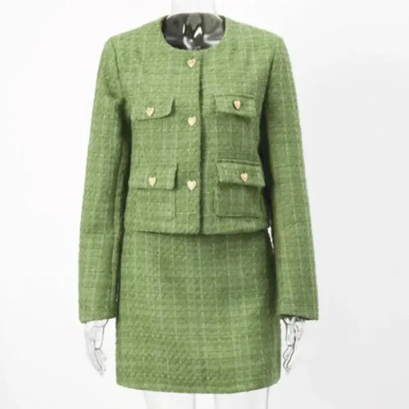 Giacca gonna Tweed Cropped verde RNSHANGER abiti Chic con tasche monopetto cappotto gonne corte sottili completi eleganti da donna