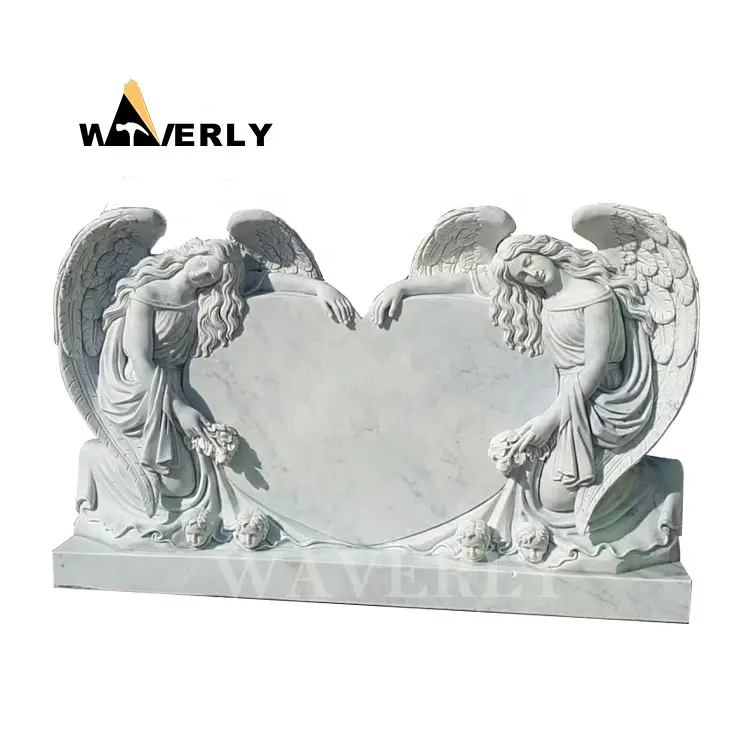 天然石大理石の天使とハートの墓石安い白い天使の墓石ダブル天使の記念碑