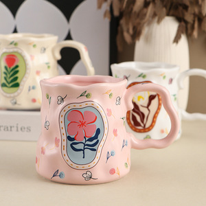 Mug Keramik Bunga Lukis Tangan Estetika Pastel |   Cangkir Kopi Bertekstur Lucu dengan Pinggiran Bergelombang Tidak Beraturan untuk Hadiah Ulang Tahun & Persahabatan - Product Image 4